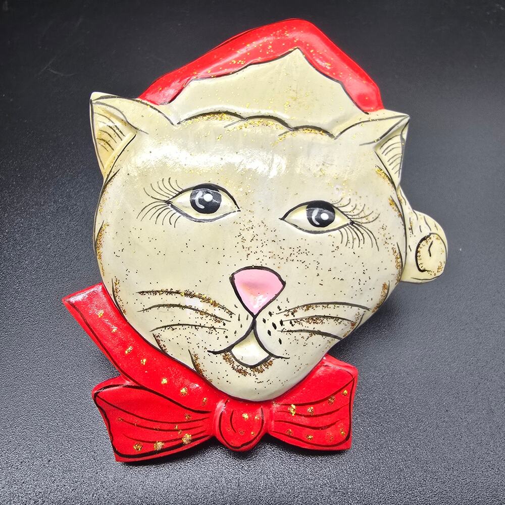 White Cat Christmas Scarf Charm Slide Ring Vintage Hand Painted Wood